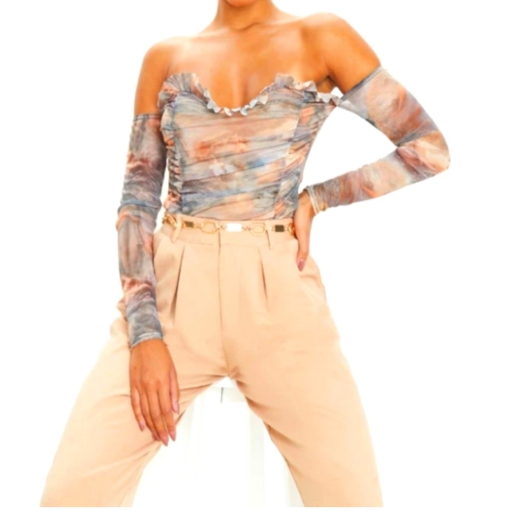 New Multi Water Renaissance Printed Mesh Ruched Bardot Bodysuit size US 4 - Picture 1 of 8